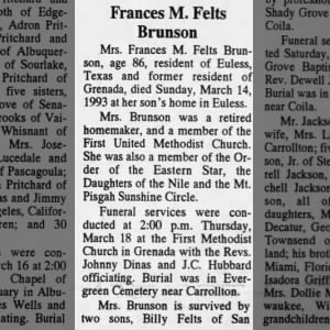 Frances M. Felts Brunson obituary, part 1
